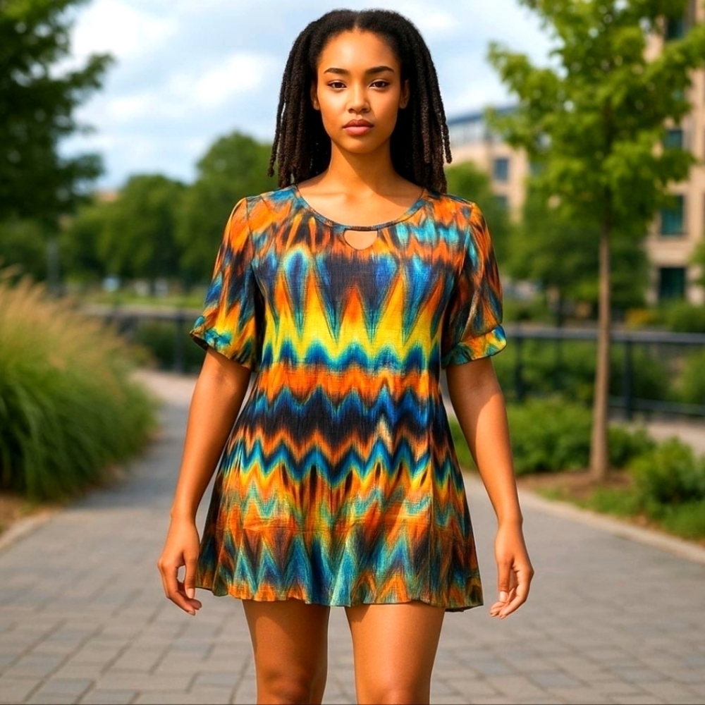 New DIRECTIONS AZTEC TRIBAL TROPICAL ABSTACT FITTED TUNIC SIZE SMALL